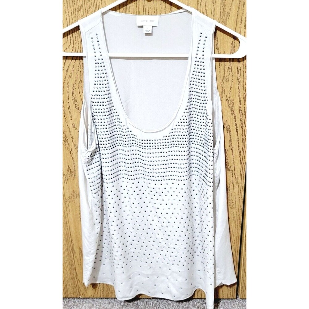 WITCHERY Women's Grey Silky Sheer Sleeveless Blouse With Metal Stud Accent Sz 14